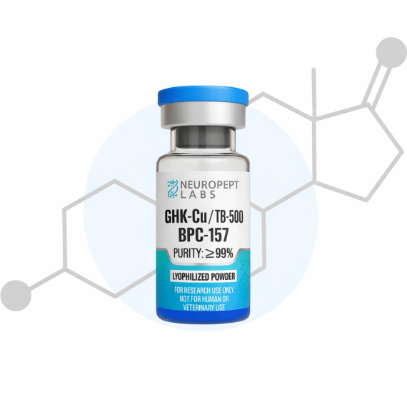 GLOW GHK-Cu TB-500 BPC-157 70mg research peptide blend lyophilized powder in laboratory vial for in-vitro research use